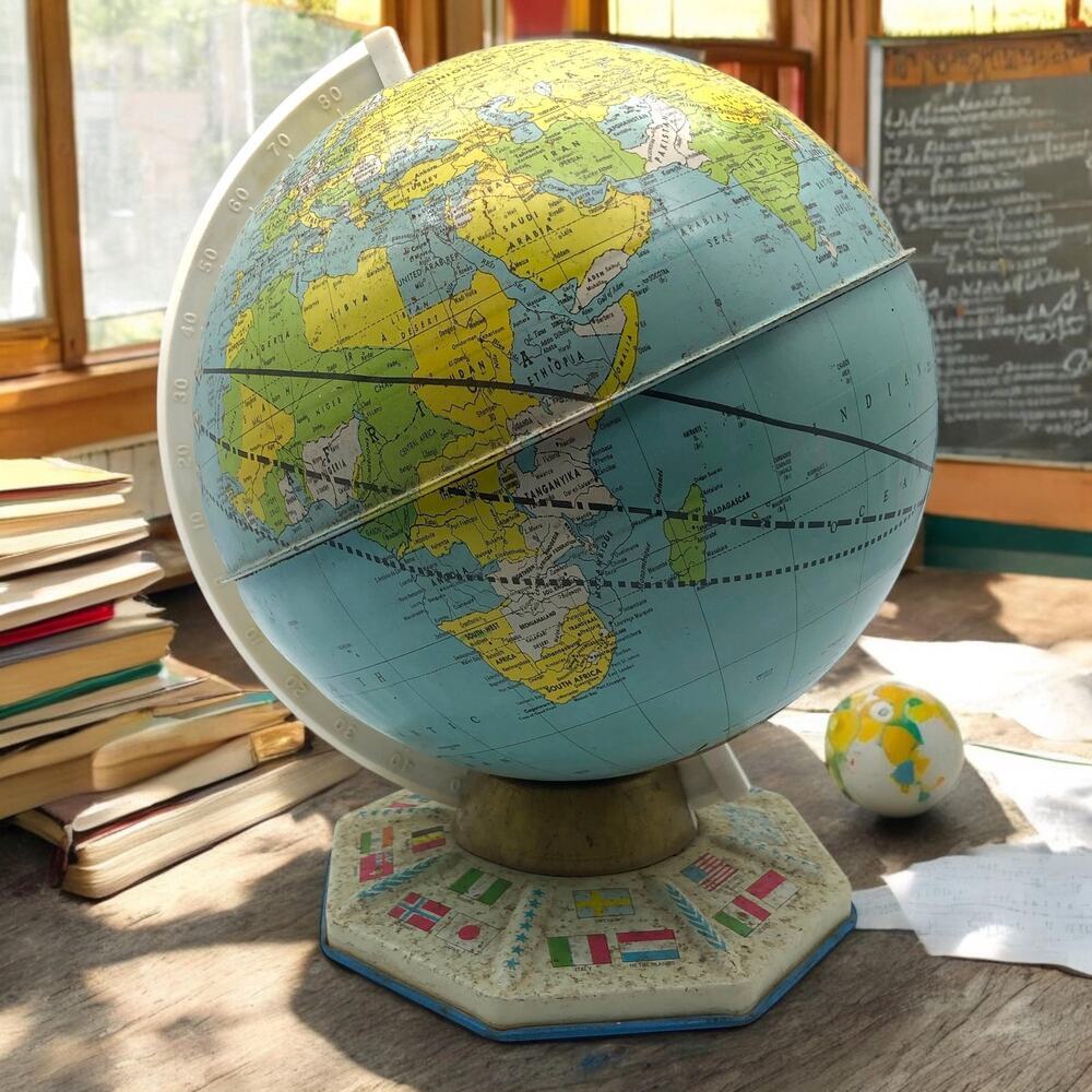 1950s Metal World Globe 9” NASA Orbits Retro Vintage Classroom Decor